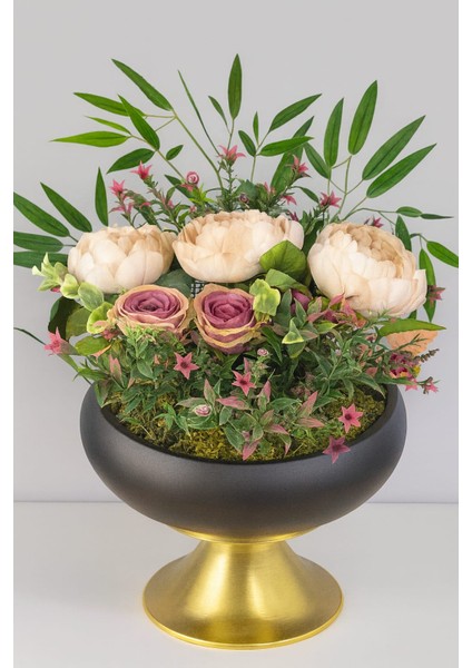 Ayaklı Siyah-Gold Saksıda Deluxe Şakayık & Gül Aranjmanı Premium