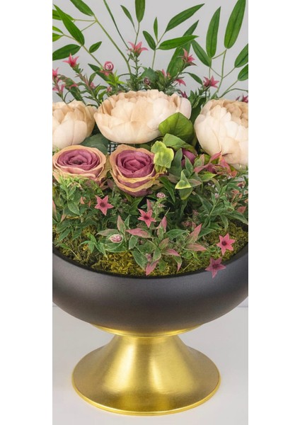Ayaklı Siyah-Gold Saksıda Deluxe Şakayık & Gül Aranjmanı Premium