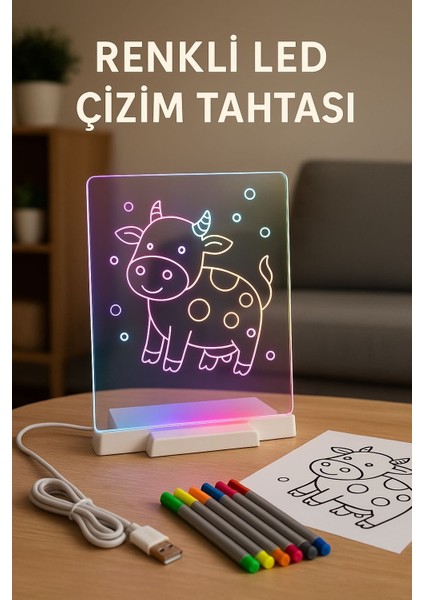 Renkli LED Işıklı Çizim ve Boyama Panosu-Işıklı Çizim Tahtası – Eğitici Boyama Panosu Stantlı