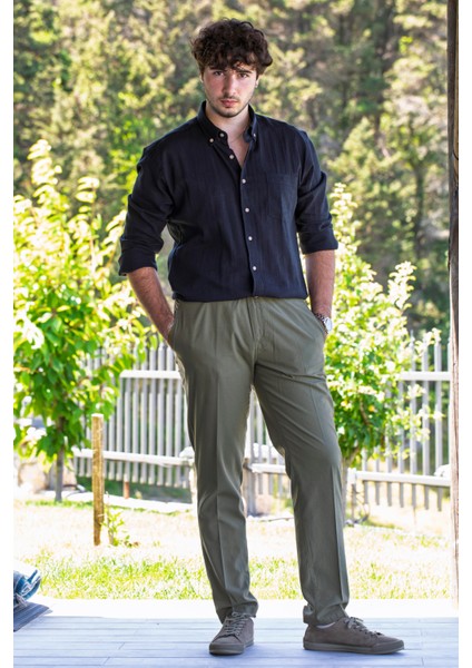 Flamlı Pamuk Düğmeli Erkek Yazlık Pantolon Haki Hk fırsatları