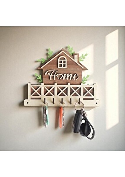 Dekoratif Ahşap Anahtar Askılığı | Ev Şeklinde Tasarım | 22X17CM Duvar Tipi Anahtarlık