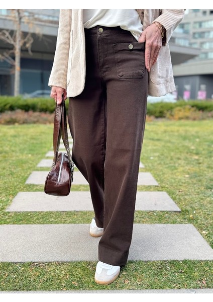 Ön Cep Detaylı Likralı Palazzo Pantolon