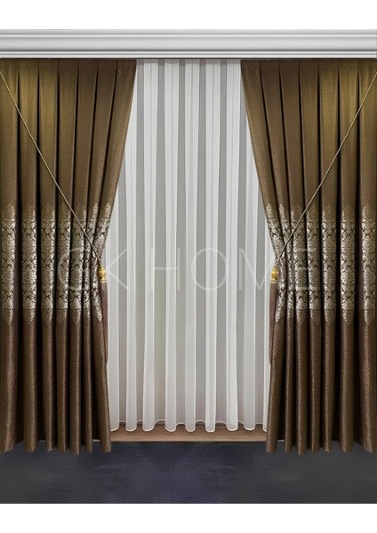 Pano Fon Perde Kahve Damask Çiçek Desenli Fon Perde Sık Pile 1/3 Tek Kanat