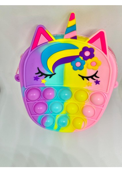Unicorn Figürlü Karışık Renkli Askılı Fermuarlı Tek Gözlü Silikon Pop-It Kız Çocuk Çanta modelleri