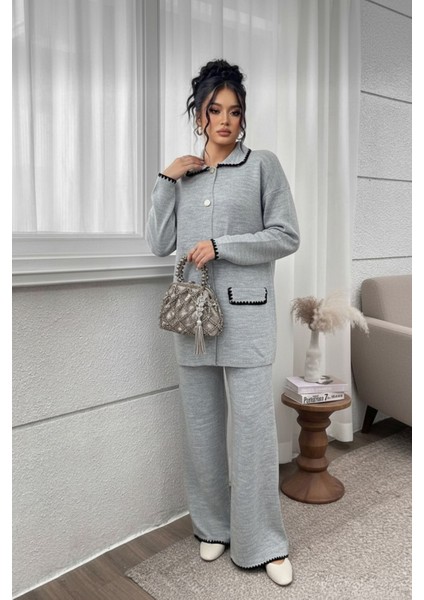 Kadın Düğmeli Çeket Pantolonlu Çoban Dikişli Triko Takım Ekru - Gri fırsatları