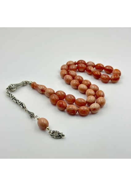 925 Ayar Gümüş Püsküllü Kurt Sallantılı Turuncu Hareli Sıkma Kehribar Tespih