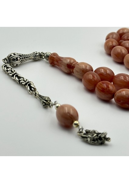 925 Ayar Gümüş Püsküllü Kurt Sallantılı Turuncu Hareli Sıkma Kehribar Tespih fiyatları