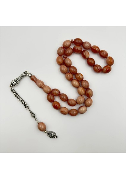 925 Ayar Gümüş Püsküllü Kurt Sallantılı Turuncu Hareli Sıkma Kehribar Tespih modelleri