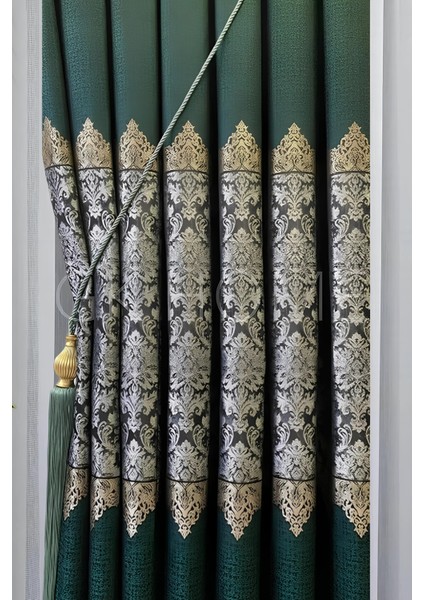 Pano Fon Perde Zümrüt Yeşili Damask Çiçek Desenli Fon Perde Sık Pile 1/3 Tek Kanat modelleri