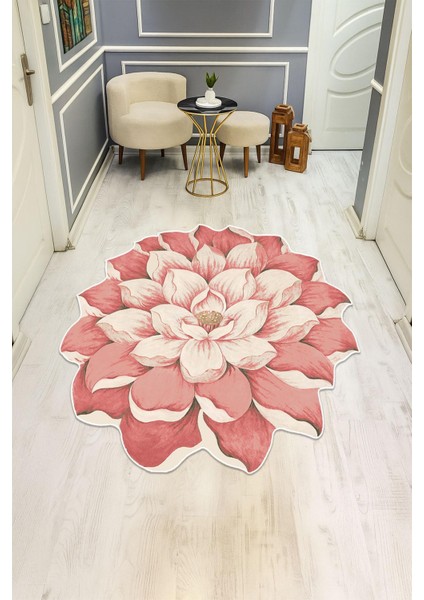 Pembe Lazer Çiçek Desenli Dijital Baskı Kaymaz Tabanlı Halı H0432