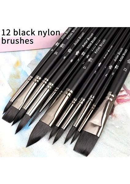12'li Profesyonel Fırça Seti Yuvarlak Düz Kedi Dil Uç Suluboya Akrilik Yağlı Guaj Boya Için Uygundur