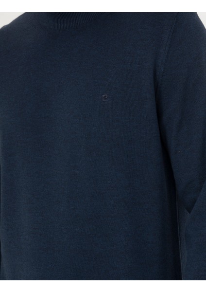 Erkek Lacivert Melanj Slim Fit Çeyrek Yaka Basic Triko Kazak 50276158-VR120