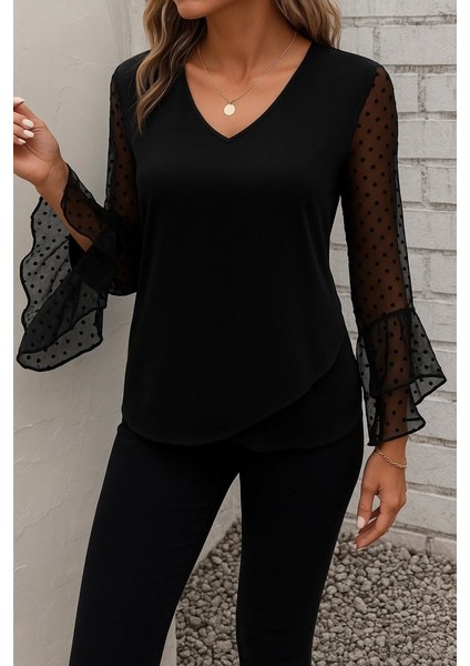 Kadın Uzun Kollu V Yakalı Kolları Ispanyol Detayı Sandy Bluz