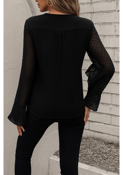 Kadın Uzun Kollu V Yakalı Kolları Ispanyol Detayı Sandy Bluz fırsatları