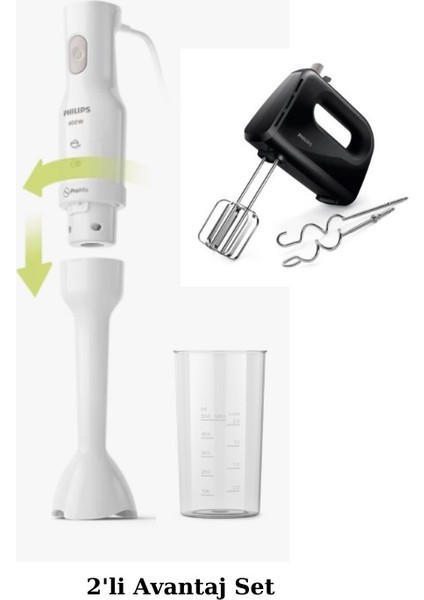 El Blender 400W, Ölçü, Karıştırma Kabı 500ML - El Mikseri 300W Şerit Çırpıcı, Hamur Çengeli, 2li Set