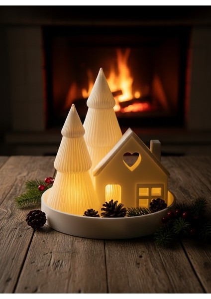 Işıklı Köy Evi Temalı LED Dekoratif Obje | Çam Ağacı Mumluk Gece Lambası