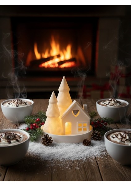 Işıklı Köy Evi Temalı LED Dekoratif Obje | Çam Ağacı Mumluk Gece Lambası fırsatları