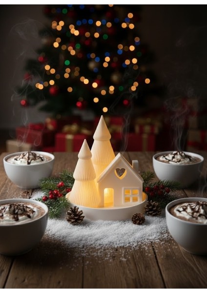 Işıklı Köy Evi Temalı LED Dekoratif Obje | Çam Ağacı Mumluk Gece Lambası indirimleri