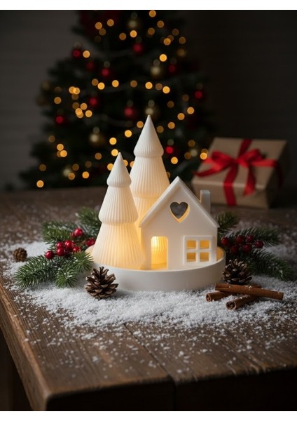 Işıklı Köy Evi Temalı LED Dekoratif Obje | Çam Ağacı Mumluk Gece Lambası