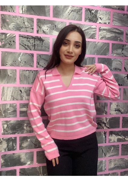 Polo Yaka Triko Çizgili Kazak