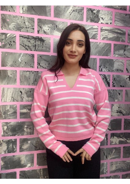 Polo Yaka Triko Çizgili Kazak fiyatları