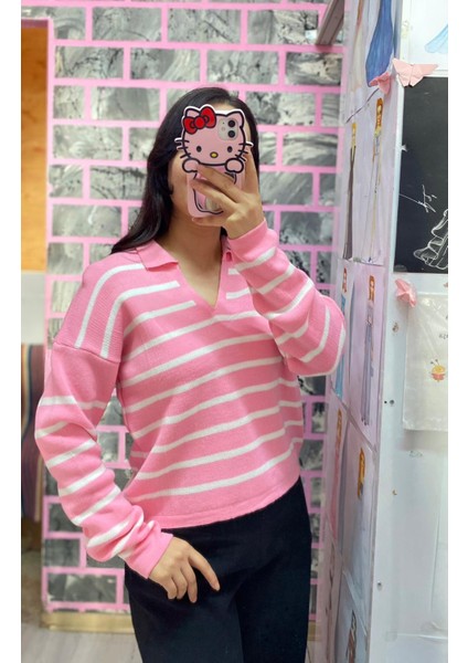 Polo Yaka Triko Çizgili Kazak