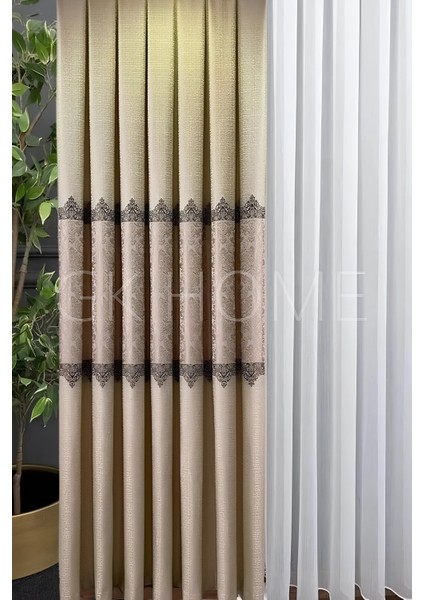 Pano Fon Perde Krem Damask Çiçek Desenli Fon Perde Sık Pile 1/3 Tek Kanat modelleri