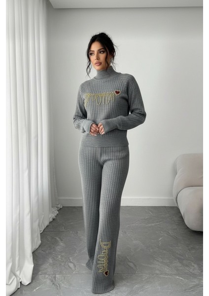 Fitilli Dokulu Inci Işlemeli Parmak Geçirmeli Yarım Balıkçı Yaka Triko Ikili Takım - Gri fiyatları