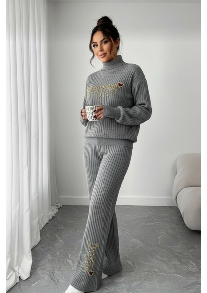 Fitilli Dokulu Inci Işlemeli Parmak Geçirmeli Yarım Balıkçı Yaka Triko Ikili Takım - Gri fırsatları