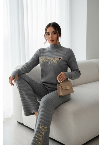 Fitilli Dokulu Inci Işlemeli Parmak Geçirmeli Yarım Balıkçı Yaka Triko Ikili Takım - Gri indirimleri