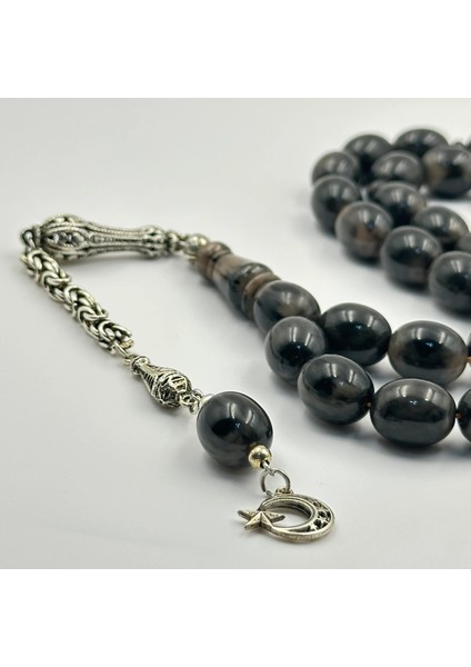 925 Ayar Gümüş Püsküllü Ayyıldız Detaylı Alman Sıkma Kehribar Tespih fiyatları