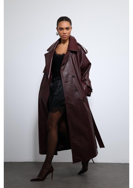 Bordo Dokulu Suni Deri Trençkot fiyatları