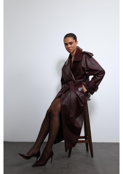 Bordo Dokulu Suni Deri Trençkot modelleri