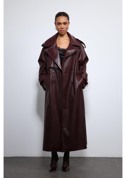 Bordo Dokulu Suni Deri Trençkot indirimleri