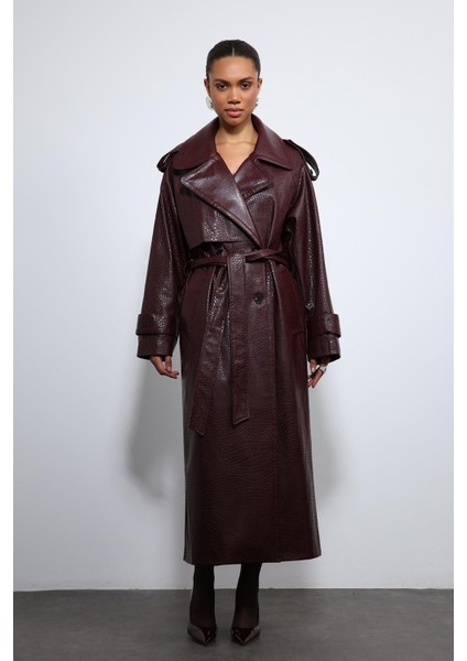 Bordo Dokulu Suni Deri Trençkot