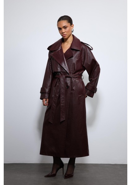 Bordo Dokulu Suni Deri Trençkot