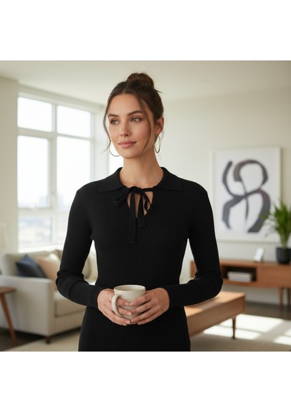 Kadın Triko Fiyonk Yaka Basic Body