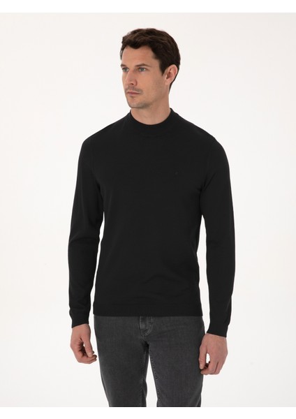 Erkek Siyah Slim Fit Yün Karışımlı Çeyrek Balıkçı Yaka Basic Triko Kazak 50318891-VR046