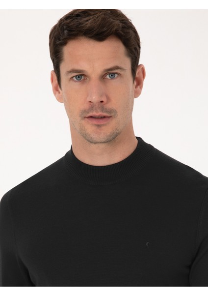 Erkek Siyah Slim Fit Yün Karışımlı Çeyrek Balıkçı Yaka Basic Triko Kazak 50318891-VR046