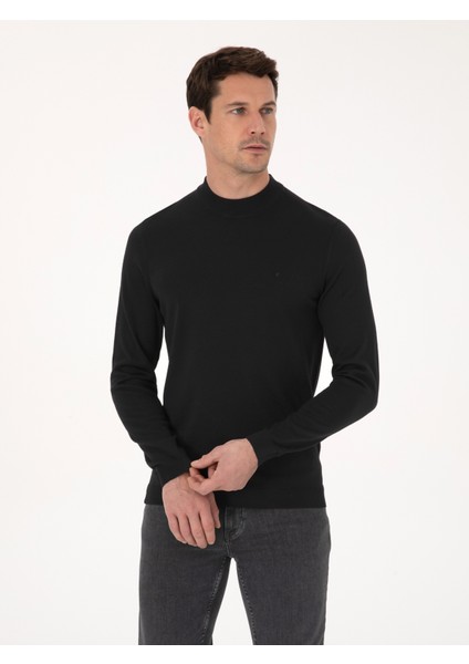 Erkek Siyah Slim Fit Yün Karışımlı Çeyrek Balıkçı Yaka Basic Triko Kazak 50318891-VR046