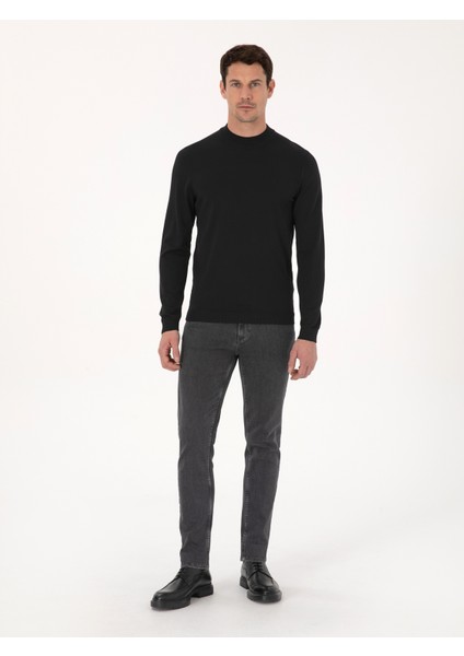 Erkek Siyah Slim Fit Yün Karışımlı Çeyrek Balıkçı Yaka Basic Triko Kazak 50318891-VR046