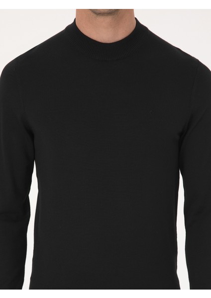 Erkek Siyah Slim Fit Yün Karışımlı Çeyrek Balıkçı Yaka Basic Triko Kazak 50318891-VR046