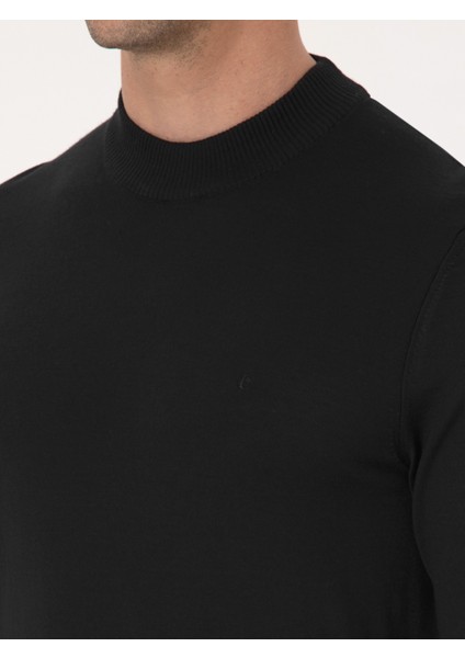 Erkek Siyah Slim Fit Yün Karışımlı Çeyrek Balıkçı Yaka Basic Triko Kazak 50318891-VR046