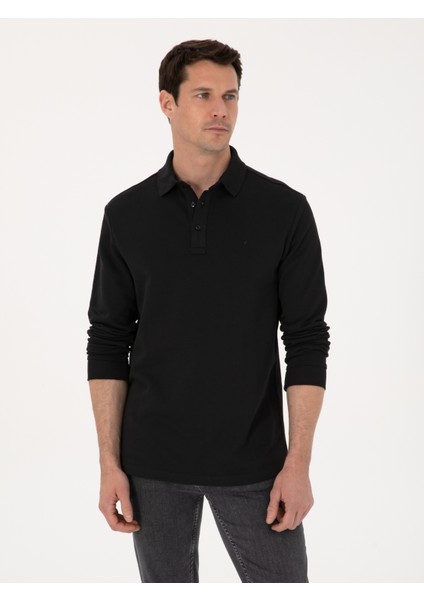 Erkek Siyah Regular Fit %100 Pamuk 3 İplik Polo Yaka Sweatshirt 50318960-VR046