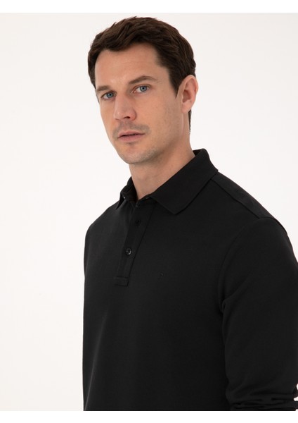 Erkek Siyah Regular Fit %100 Pamuk 3 İplik Polo Yaka Sweatshirt 50318960-VR046