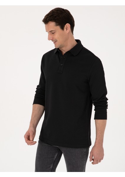 Erkek Siyah Regular Fit %100 Pamuk 3 İplik Polo Yaka Sweatshirt 50318960-VR046