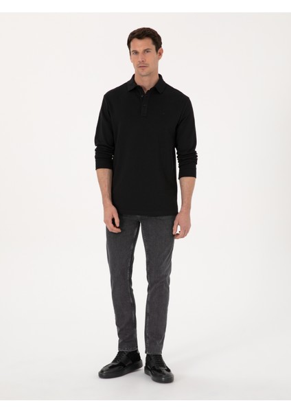 Erkek Siyah Regular Fit %100 Pamuk 3 İplik Polo Yaka Sweatshirt 50318960-VR046