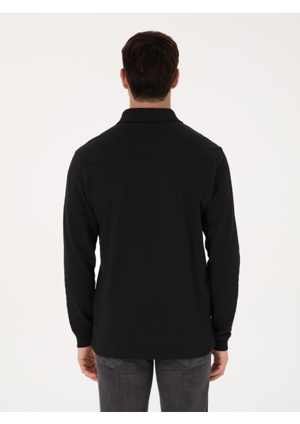 Erkek Siyah Regular Fit %100 Pamuk 3 İplik Polo Yaka Sweatshirt 50318960-VR046