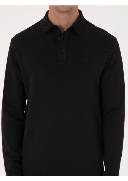 Erkek Siyah Regular Fit %100 Pamuk 3 İplik Polo Yaka Sweatshirt 50318960-VR046
