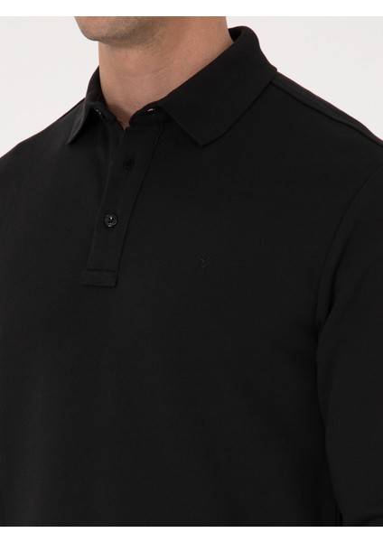 Erkek Siyah Regular Fit %100 Pamuk 3 İplik Polo Yaka Sweatshirt 50318960-VR046